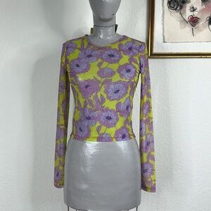 Zara Mesh Cropped Long Sleeve Floral Crew Neck Mod Retro